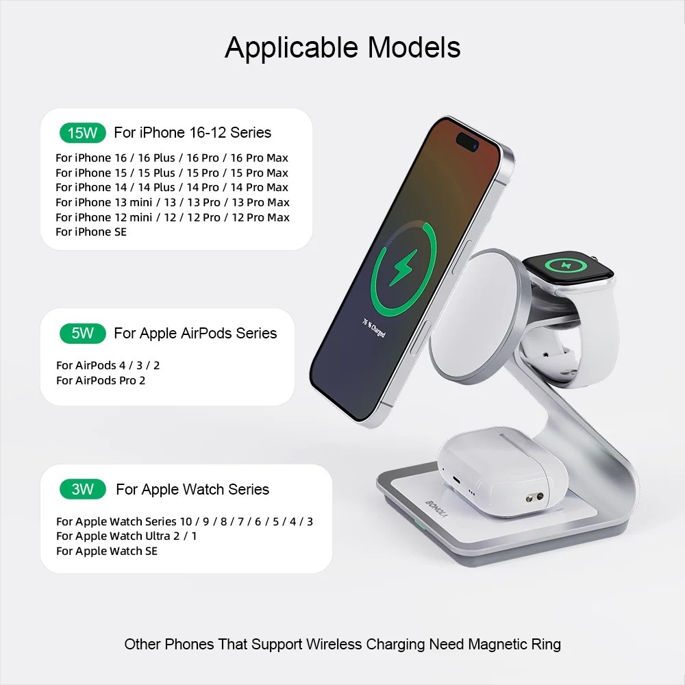 3-in-1 Apple Charging Stand – Magnetic Wireless Charger (30W, iPhone 16/15/14 Compatible) - Image 3